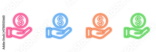 Neon glowing hand holding dollar coin vector icons set, money, finance, payment, donation, wealth, vibrant digital outline design illustration.