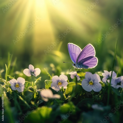 A stunning purple butterfly resting amidst colorful blooming flowers, symbolizing transformation and the beauty of nature