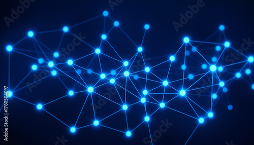 Abstract network of glowing blue dots connected by lines on a dark blue background design concept
