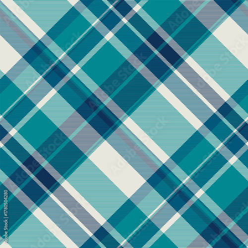 Classic tartan pattern in teal, blue  beige. Seamless vector design ideal for textile prints, backgrounds, or modern design projects requiring a traditional touch.