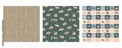 Set of three seamless patterns including polo players, bits and reins, and classic plaid in soft equestrian tones