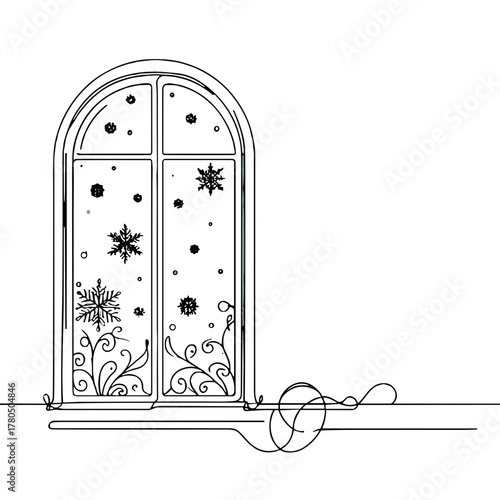 The outline of a window with snow falling outside Winter Weather outline / minimal linear vector