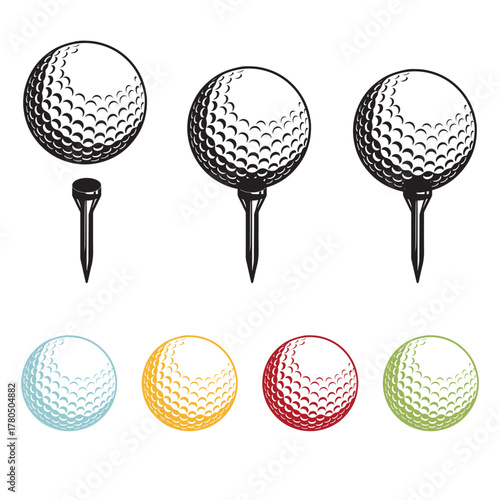 Golf Ball on Tee High-Quality and Set of Coloured Golf Ball Icons Vector Illustration