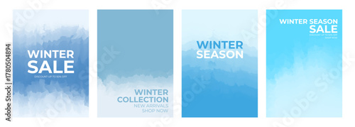 Winter season commercial. Set of Winter Sale abstract backgrounds with soft blue color gradients for seasonal shopping, winter collection promotion and sale advertisements. Vector illustration.