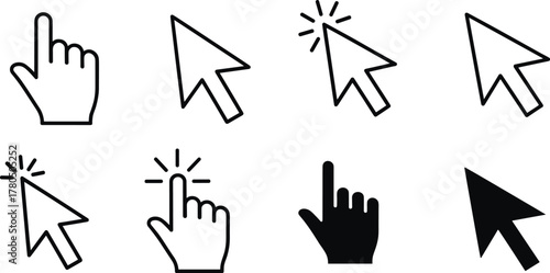 Stylized Cursor Icon Set, Hand Pointers, Arrow Click Indicators, Outlined and Solid Variants for UI, UX, and Web Design