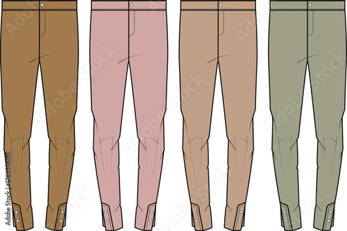 Vector illustration set of four distinct women's equestrian riding breeches in a variety of fashionable colors, showcasing practical and comfortable designs for horse riding activities and sportswear