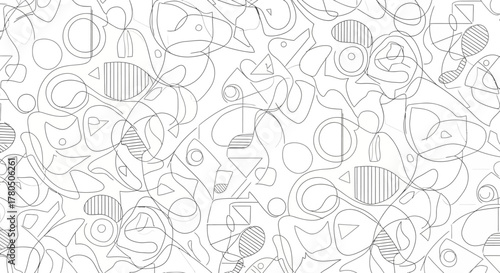 Geometric abstraction with circles triangles lines  curved shapes in a chaotic overlayed pattern on a white background