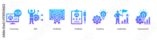 E-Learning and Certification web banner vector illustration featuring E Learning, Skill, Certificate, Feedback, Creativity, Leadership, and Improvement.
