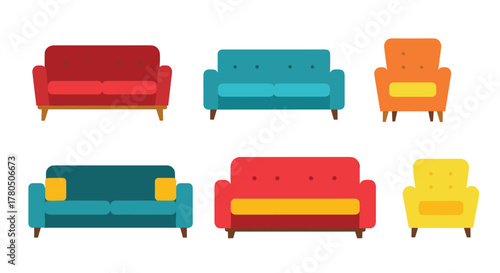Colorful sofas and armchairs in a flat design style add a vibrant modern touch to any design project or interior decor moodboard