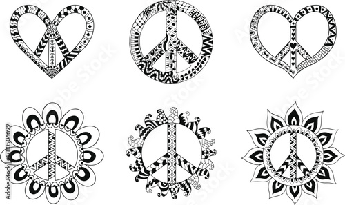 Decorative peace signs and heart peace symbols with intricate black and white patterns