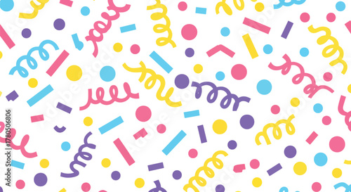Playful Flat Colorful Confetti and Streamers Birthday Party Seamless Pattern