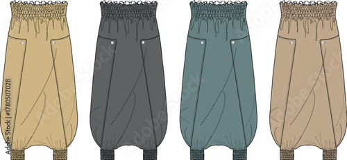 Set of four illustrated graphic trousers featuring different neutral colors and detailed stitching