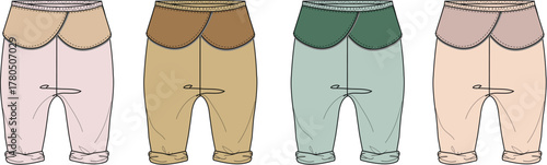Set of four baby pants in different neutral colors and subtle folded waist details