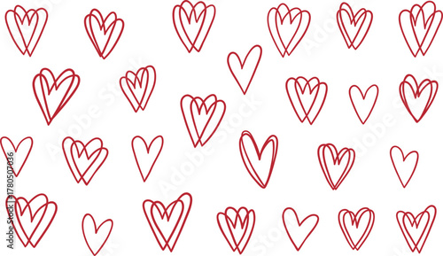 Seamless pattern of hand drawn red hearts scattered on clean white background