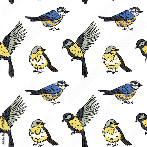 Pattern color with hand-drawn small wild birds with a black outline. Flying and standing. Repetitive texture with small fluffy birds, sparrows, and tits for fabric, textile, and packaging design