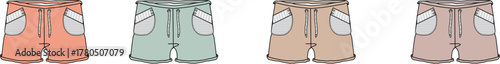 Vector illustration set of casual sport shorts with pockets and drawstrings in multiple pastel colors for summer fashion design