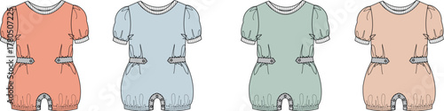Four identical baby rompers in different pastel colors peach, light blue, and mint green