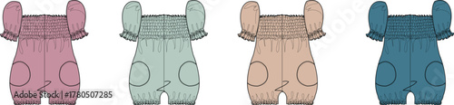 Concept illustration of four baby and toddler romper designs, with ruffled shoulders and pockets, presenting a diverse color palette for children's apparel