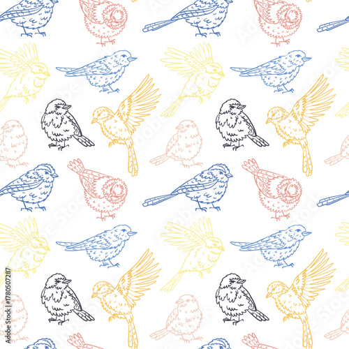 Seamless color outline pattern with hand-drawn small birds in pastel colors. Birds in different poses. Flying, standing. Repetitive texture with sparrows and tits for fabric, textile, packaging design