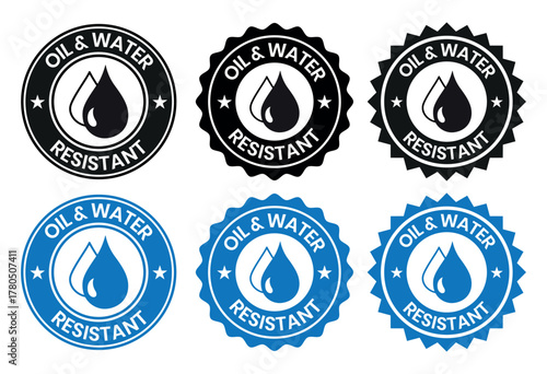 Oil and Water Resistant Logo Badge – Vector Icon for Business Information and Product Labels. Oil and Water Resistant icon, sticker, label, emblem, stamp, symbol, black, line, flat vector.