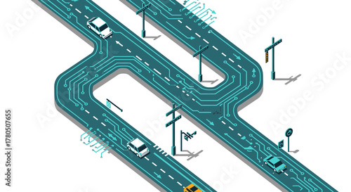 A dynamic isometric illustration shows a futuristic digital road network designed like a circuit board, with cars representing smart city transportation and data.