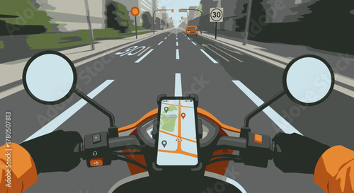 A rider's view of a scooter navigating a city street, using a smartphone's GPS map for efficient urban travel, illustrating modern delivery and transport.