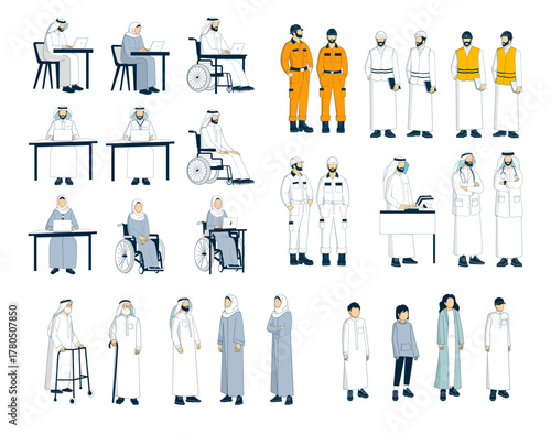 Vector illustration of diverse Saudi professionals in traditional and modern attire, featuring engineers, workers, doctors, and office staff representing various Gulf industry careers.