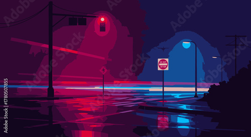 Digital illustration of a wet urban street at night, with red and blue neon lights reflecting on the pavement, creating a moody atmosphere.