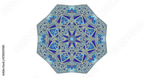 A blue and gray octagonal mandalalike pattern with intricate geometric shapes and a central star