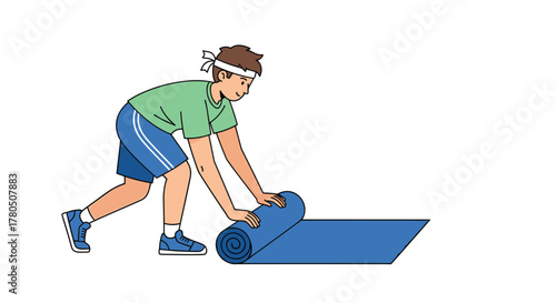 Young man rolling out yoga mat for morning workout routine, promoting fitness and wellness in a simple, clean modern design style graphic
