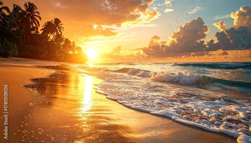 Golden Hour Sunset Over Tropical Beach with Palm Trees and Foamy Waves