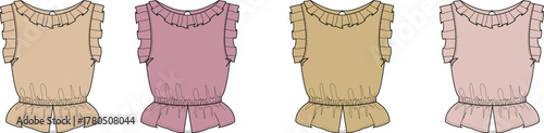 Four different colored baby girls' ruffled rompers displayed in a row, showcasing a variety of pastel shades for infants