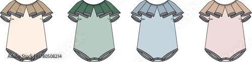 Assortment of baby bodysuits with frilly neckline in various pastel colors for infant wear