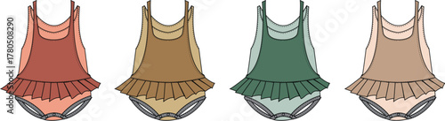 Technical flat sketch of a girl's one-piece ruffled swimsuit set in four color variations for apparel design and manufacturing