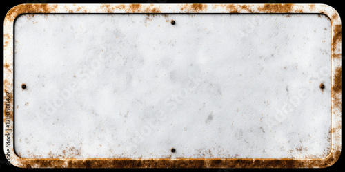 An old, weathered, blank, rusty metal sign, perfect for adding text. The sign has a textured surface with signs of rust around the edges