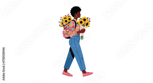 Stylish woman with sunflowers and trendy backpack walking with springtime joy, ready for new adventures and sunny days ahead in a bright, modern world