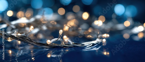 Festive warm fairy lights glowing on a dark blue reflective surface creating a magical Christmas atmosphere and holiday spirit