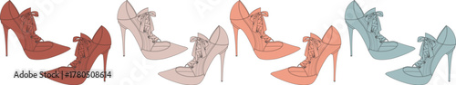 High-heeled shoes in shades of coral, blush, and sky blue arranged in a repeating pattern