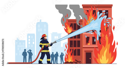 Brave firefighter heroically battling intense flames engulfing burning building with water hose, protecting city from dangerous fire emergency
