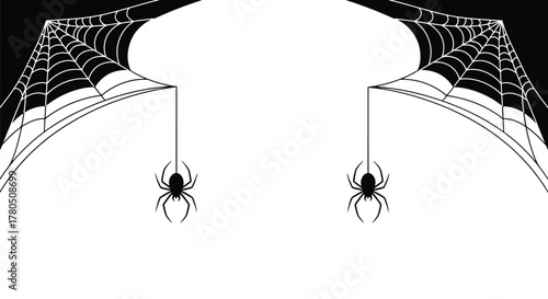 Minimalist Lineart Spiderweb with Spiders Halloween Horror Decoration Illustration