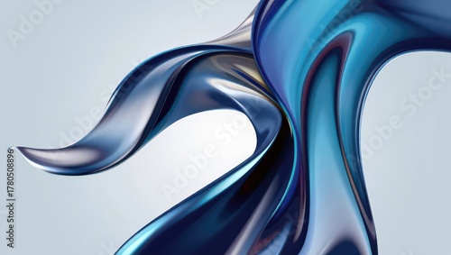 Abstract flowing metallic blue liquid sculpture with smooth curves and reflections against a light background.