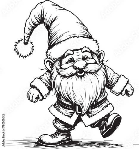 A whimsical illustration of a jolly Santa Claus gnome, exuding festive charm with his pointed hat and joyful expression.