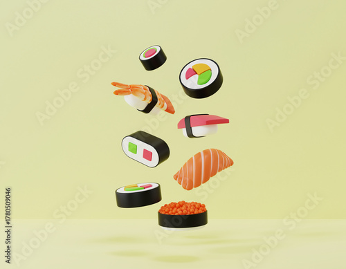 Floating Colorful 3D Sushi Rolls and Nigiri on Pastel Yellow Background