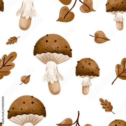 Autumnal cozy forest mushrooms seamless pattern. Hand drawn fall autumn isolated background. September textile design. November Thanksgiving
