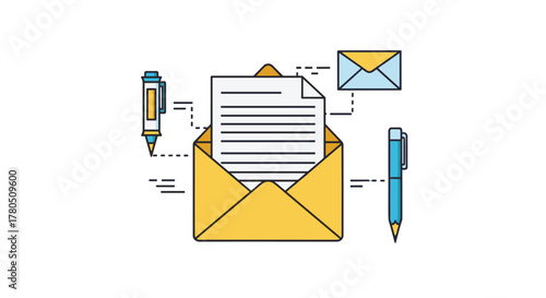 A mail message with pen for business communication or newsletter campaigns in bright colors on a white background