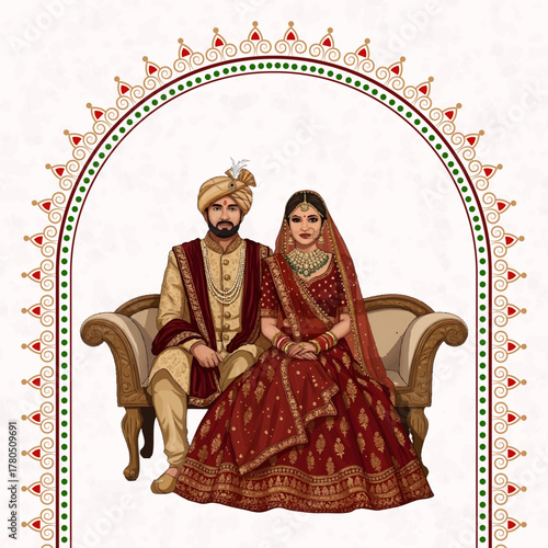 Elegant Indian Wedding Couple Sitting on Sofa in Traditional Attire