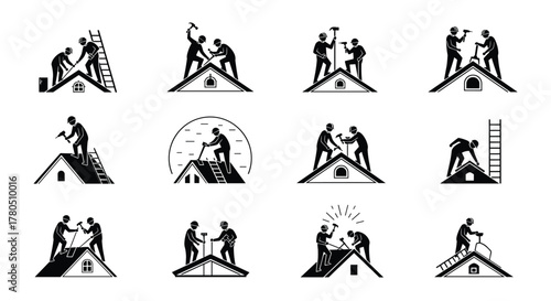 Professional roofers repairing rooftops with ladders and tools in a construction vector design, perfect for home improvement and building maintenance projects