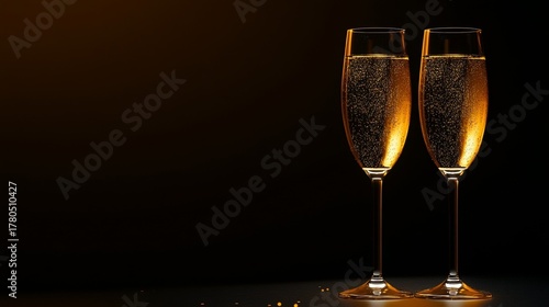 Chic New Year’s Eve Party Scene With Seven Champagne Glasses Lined Up Against a Warm Red Background