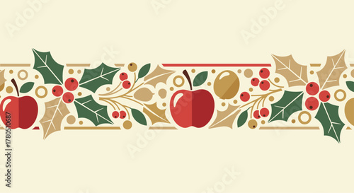 Charming Christmas border with apples, holly, and berries for festive designs and holiday cheer, perfect for seasonal projects and invitations