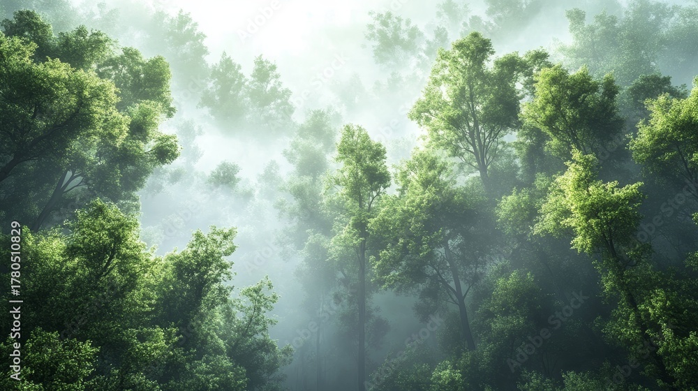 Obraz premium Enchanting Forest With Lush Greenery Soft White Fog Illuminated by Gentle Sunlight Creating a Mystical Atmosphere